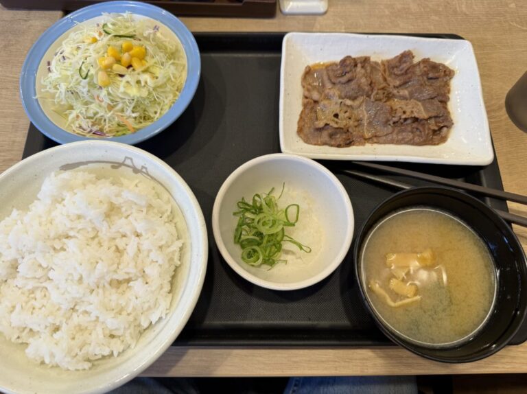 松屋伊勢崎店の店内で撮影した牛焼肉定食の写真