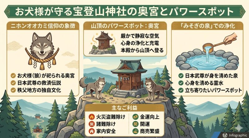 お犬様が守る宝登山神社の奥宮とパワースポット